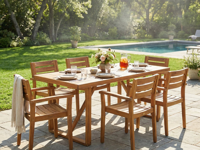 7-Piece Acacia Wood Outdoor Dining Set with 6 Chairs, Teak Finish