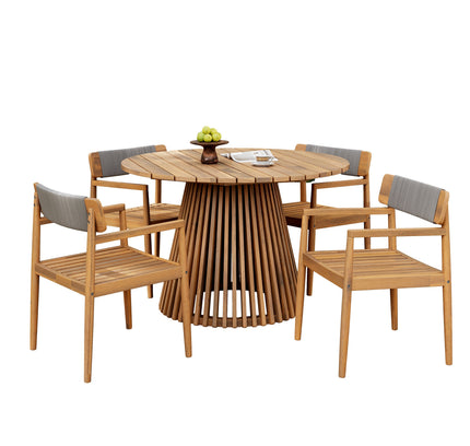 5-Piece Acacia Wood Outdoor Dining Set with Braided Chairs & Round Table — Grey