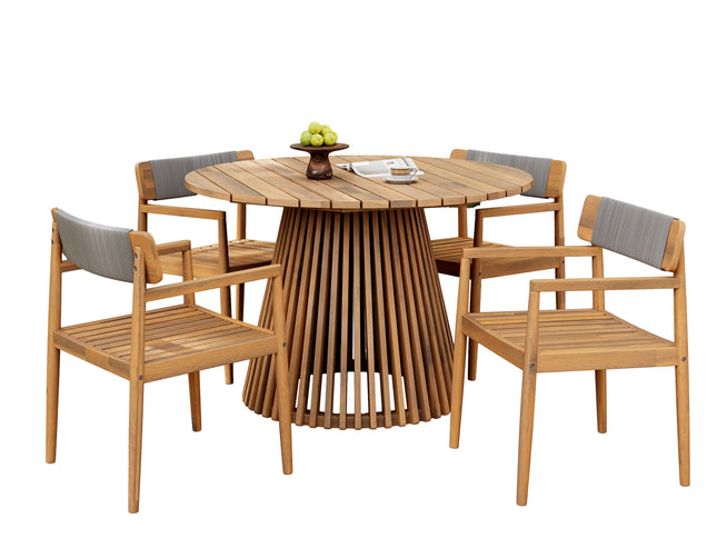 5-Piece Acacia Wood Outdoor Dining Set with Braided Chairs & Round Table — Grey