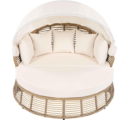 Outdoor Patio Rattan Round Daybed with Retractable Canopy, Wicker