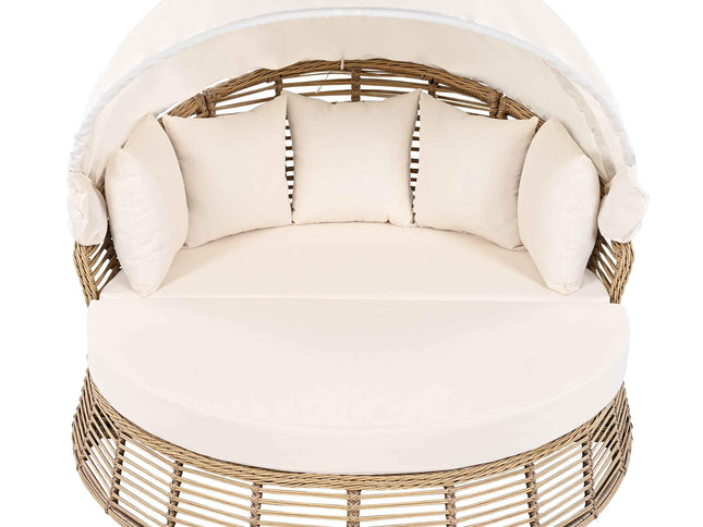 Outdoor Patio Rattan Round Daybed with Retractable Canopy, Wicker
