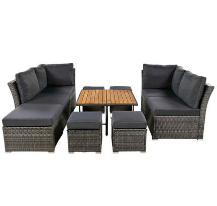 10-Piece Outdoor Rattan Conversation Set with Acacia Coffee Table, Seats 8-9