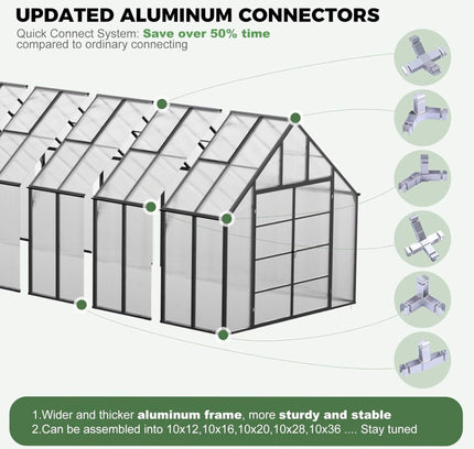10x36 Walk-In Polycarbonate Greenhouse with Adjustable Roof Vents