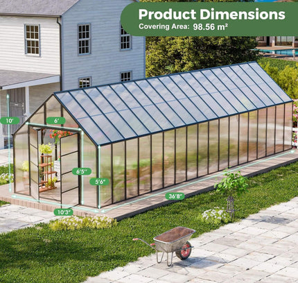 10x36 Walk-In Polycarbonate Greenhouse with Adjustable Roof Vents