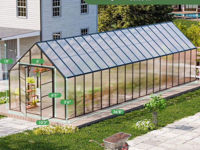 10x36 Walk-In Polycarbonate Greenhouse with Adjustable Roof Vents