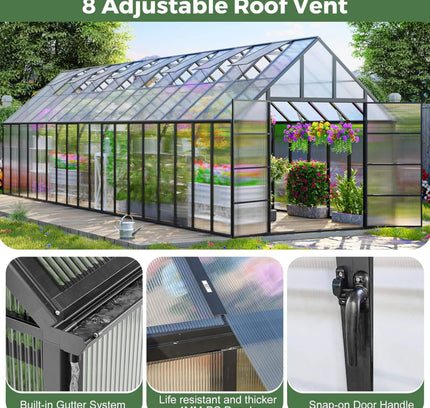 10x36 Walk-In Polycarbonate Greenhouse with Adjustable Roof Vents
