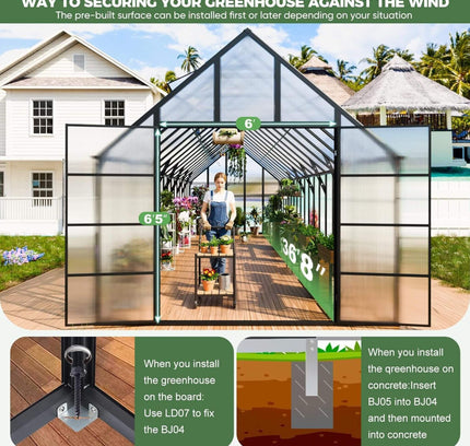 10x36 Walk-In Polycarbonate Greenhouse with Adjustable Roof Vents