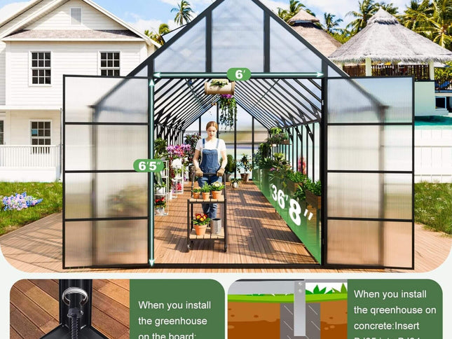 10x36 Walk-In Polycarbonate Greenhouse with Adjustable Roof Vents