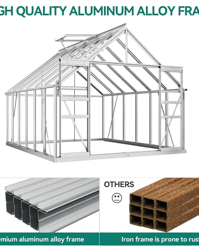 [10X12FT] Extra Large Heavy-Duty Polycarbonate Aluminum Greenhouse With Sliding Doors And Vents