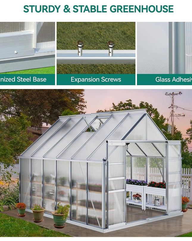 [10X12FT] Extra Large Heavy-Duty Polycarbonate Aluminum Greenhouse With Sliding Doors And Vents