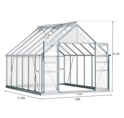 [10X12FT] Extra Large Heavy-Duty Polycarbonate Aluminum Greenhouse With Sliding Doors And Vents