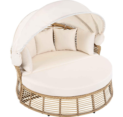 Outdoor Patio Rattan Round Daybed with Retractable Canopy, Wicker