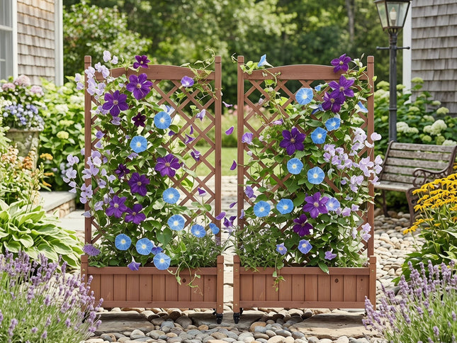 Raised Garden Bed With Trellis 2 Pack, Outdoor Planter Box & Plant Stand With Climbing Racks - Brown