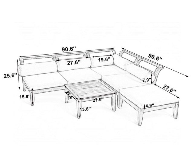 6-Piece Acacia Wood Outdoor Modular Sectional with Daybed Configuration & Tea Table