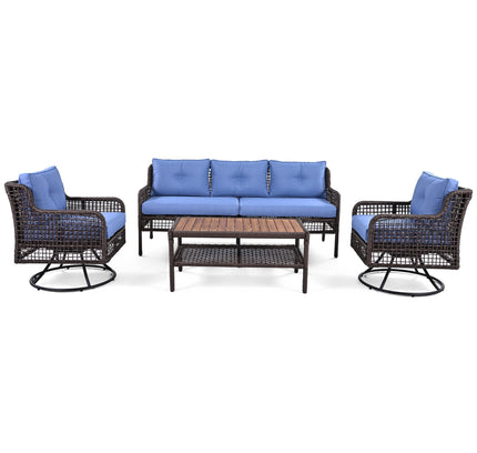 GO 4-Piece Outdoor PE Rattan Patio Set with 360° Swivel Chairs & Wood Coffee Table