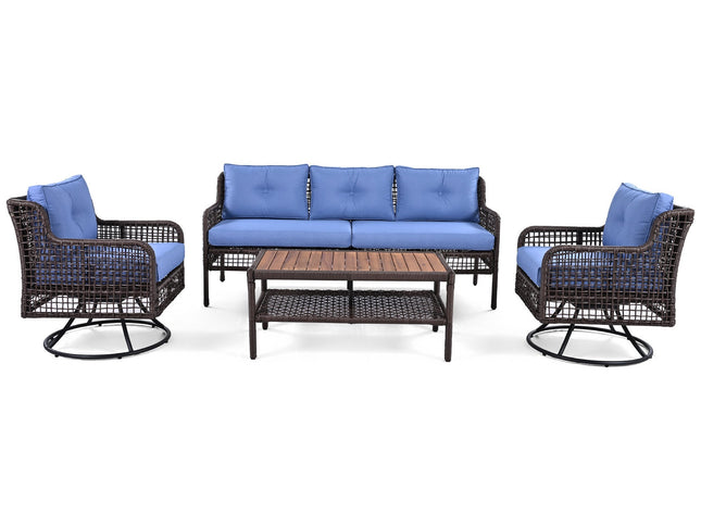 GO 4-Piece Outdoor PE Rattan Patio Set with 360° Swivel Chairs & Wood Coffee Table