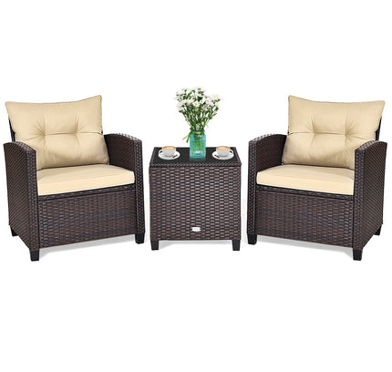 3 Pcs Patio Rattan Furniture Set Cushioned Conversation Set Coffee Table-Beige