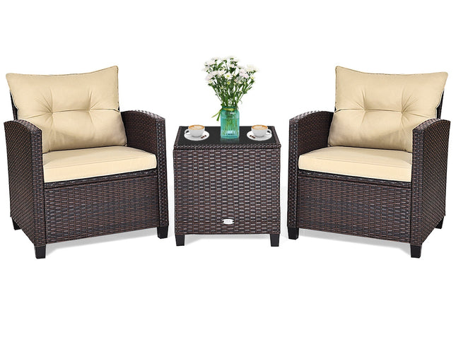 3 Pcs Patio Rattan Furniture Set Cushioned Conversation Set Coffee Table-Beige