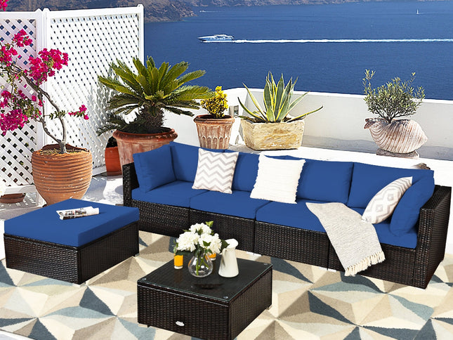 6-Piece Outdoor Rattan Sectional Sofa Set with Tempered Glass Coffee Table — Blue
