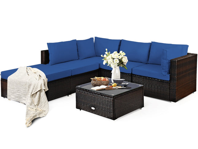 6-Piece Outdoor Rattan Sectional Sofa Set with Tempered Glass Coffee Table — Blue