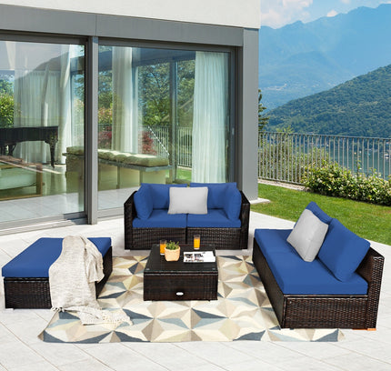 6-Piece Outdoor Rattan Sectional Sofa Set with Tempered Glass Coffee Table — Blue