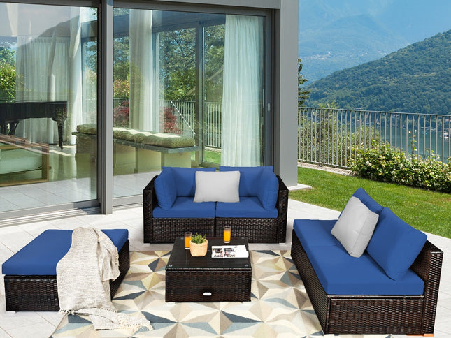 6-Piece Outdoor Rattan Sectional Sofa Set with Tempered Glass Coffee Table — Blue