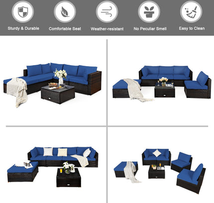 6-Piece Outdoor Rattan Sectional Sofa Set with Tempered Glass Coffee Table — Blue