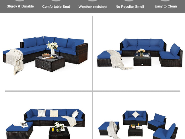 6-Piece Outdoor Rattan Sectional Sofa Set with Tempered Glass Coffee Table — Blue