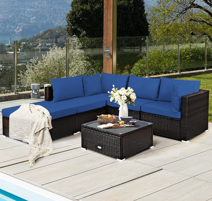 6-Piece Outdoor Rattan Sectional Sofa Set with Tempered Glass Coffee Table — Blue