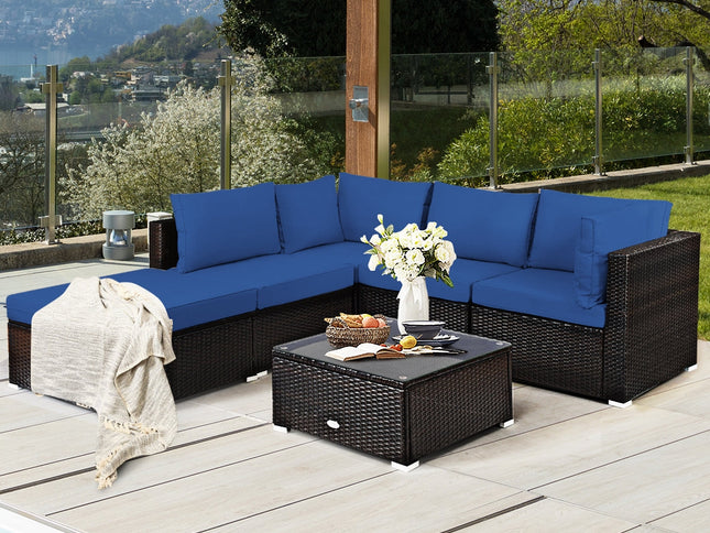 6-Piece Outdoor Rattan Sectional Sofa Set with Tempered Glass Coffee Table — Blue