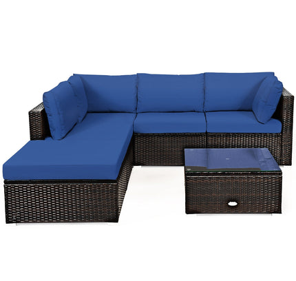 6-Piece Outdoor Rattan Sectional Sofa Set with Tempered Glass Coffee Table — Blue