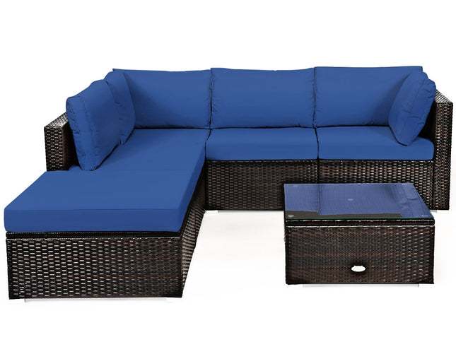6-Piece Outdoor Rattan Sectional Sofa Set with Tempered Glass Coffee Table — Blue