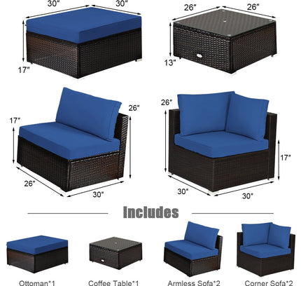 6-Piece Outdoor Rattan Sectional Sofa Set with Tempered Glass Coffee Table — Blue