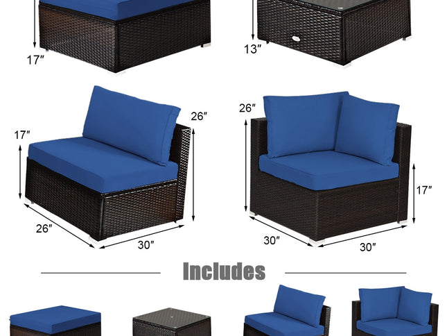 6-Piece Outdoor Rattan Sectional Sofa Set with Tempered Glass Coffee Table — Blue