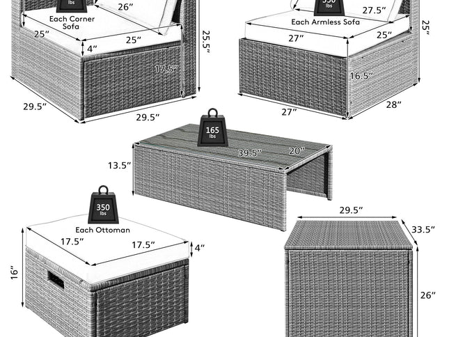 8-Piece Outdoor Rattan Patio Set with Storage Box, Waterproof Cover & Ottomans — Off White