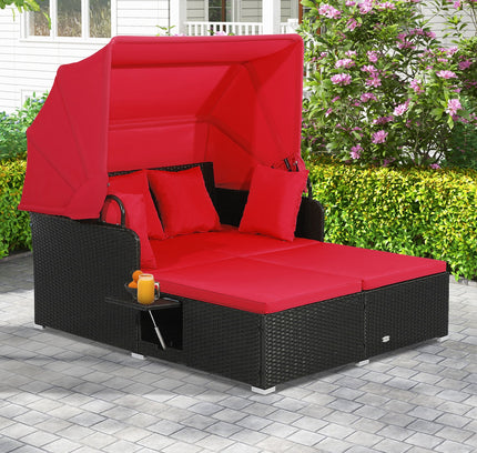 Patio Rattan Daybed with Retractable Canopy and Side Tables