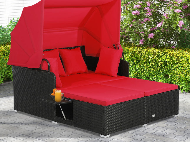 Patio Rattan Daybed with Retractable Canopy and Side Tables