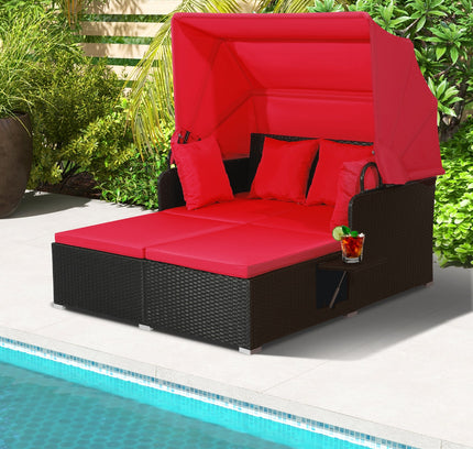 Patio Rattan Daybed with Retractable Canopy and Side Tables