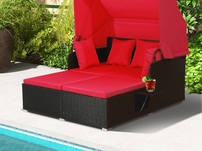 Patio Rattan Daybed with Retractable Canopy and Side Tables