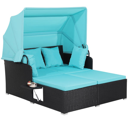 Patio Rattan Daybed with Retractable Canopy and Side Tables
