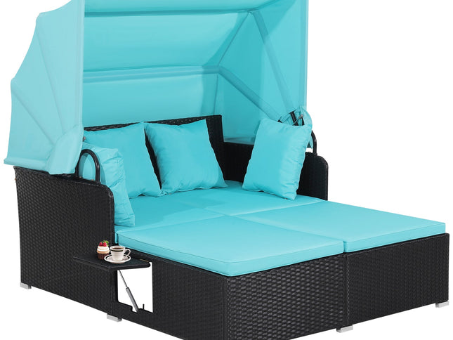 Patio Rattan Daybed with Retractable Canopy and Side Tables