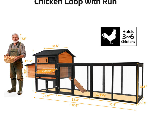 Large 114-Inch Outdoor Wooden Chicken Coop With Run And Nesting Box (SAK83516)