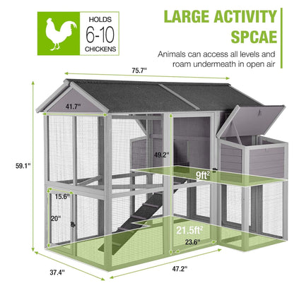 Large 76-Inch Outdoor Chicken Hen House With Sleeping Area And Run [6-10 Chickens] (SAK56431)
