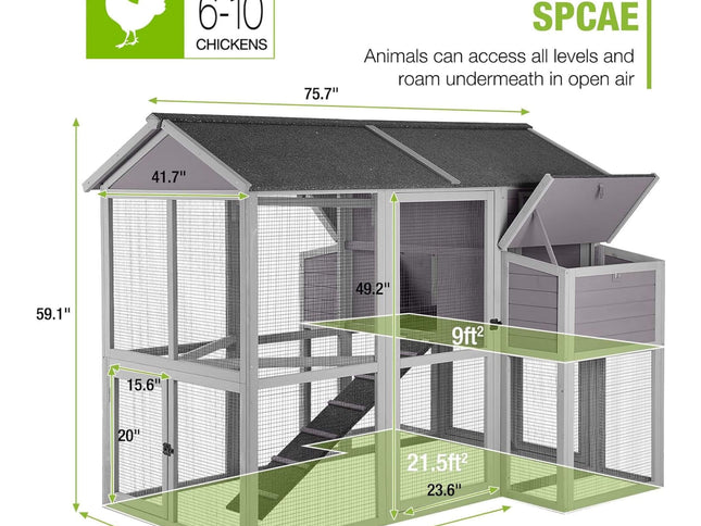 Large 76-Inch Outdoor Chicken Hen House With Sleeping Area And Run [6-10 Chickens] (SAK56431)