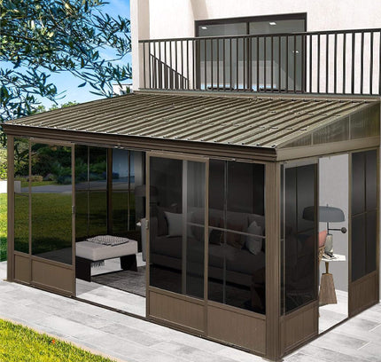 12X14FT Alora Haven Large Outdoor All-Season Wall-Mounted Sunroom With Galvanized Steel Roof & Moveable PVC Screen (SAK46475)