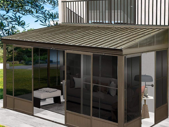 12X14FT Alora Haven Large Outdoor All-Season Wall-Mounted Sunroom With Galvanized Steel Roof & Moveable PVC Screen (SAK46475)
