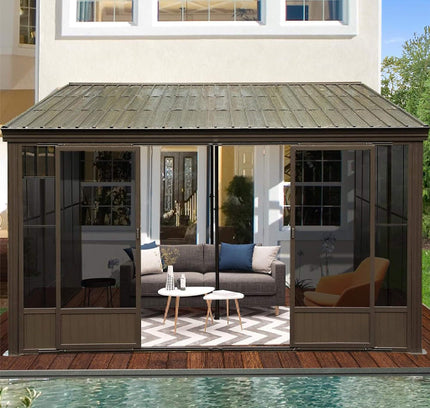 12X14FT Alora Haven Large Outdoor All-Season Wall-Mounted Sunroom With Galvanized Steel Roof & Moveable PVC Screen (SAK46475)