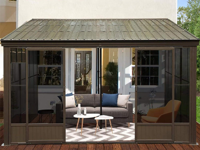 12X14FT Alora Haven Large Outdoor All-Season Wall-Mounted Sunroom With Galvanized Steel Roof & Moveable PVC Screen (SAK46475)