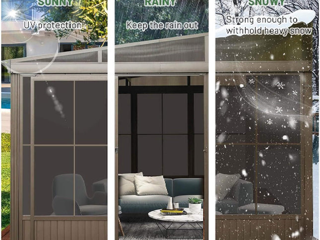 12X14FT Alora Haven Large Outdoor All-Season Wall-Mounted Sunroom With Galvanized Steel Roof & Moveable PVC Screen (SAK46475)