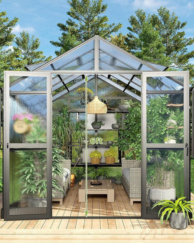 [08X12FT] Large Premium Outdoor Aluminum Polycarbonate Greenhouse With Double Swing Doors